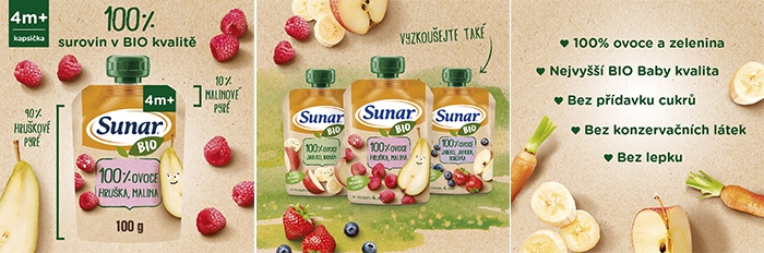 Sunar BIO ovocná kapsička hruška, malina 4m+, 100 g 