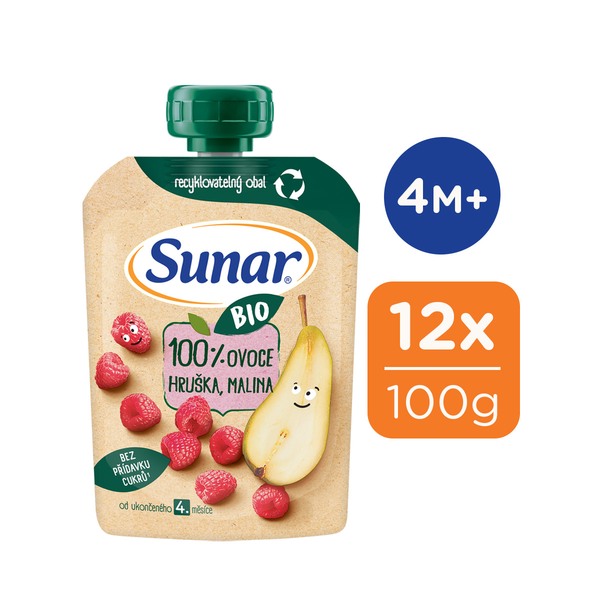 Sunar BIO ovocná kapsička hruška, malina 4m+, 100 g 