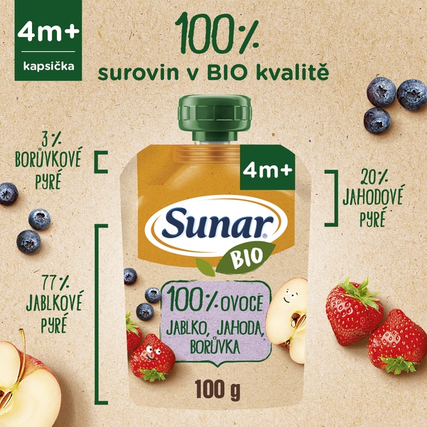 Sunar BIO ovocná kapsička jablko, jahoda, borůvka 4m+, 100 g 