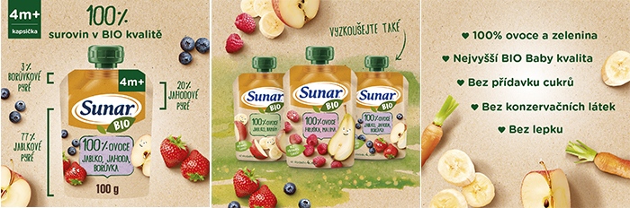 Sunar BIO ovocná kapsička jablko, jahoda, borůvka 4m+, 100 g 
