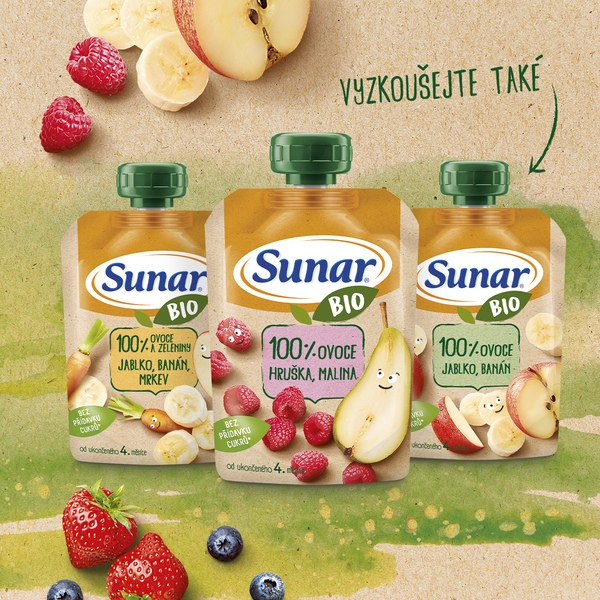 Sunar BIO ovocná kapsička jablko, jahoda, borůvka 4m+, 100 g 