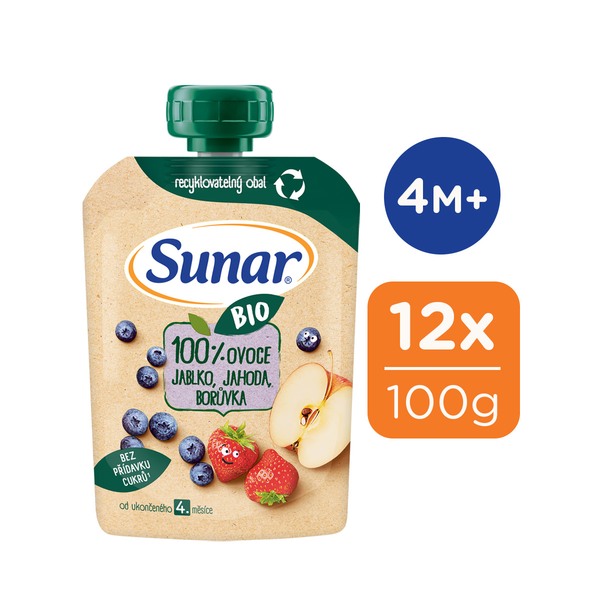 Sunar BIO ovocná kapsička jablko, jahoda, borůvka 4m+, 100 g 
