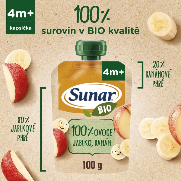Sunar BIO ovocná kapsička jablko, banán 4m+, 100 g 