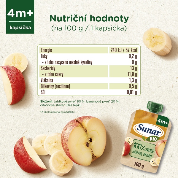 Sunar BIO ovocná kapsička jablko, banán 4m+, 100 g 