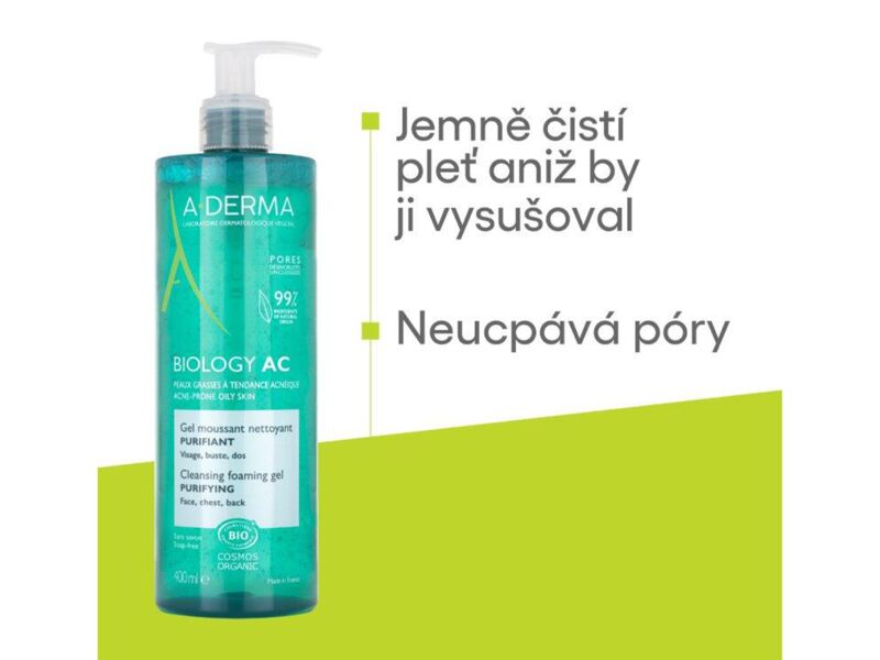 A-Derma Biology AC čisticí pěnivý gel na tvář, hruď a záda 400 ml