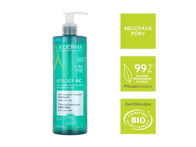 A-Derma Biology AC čisticí pěnivý gel na tvář, hruď a záda 400 ml